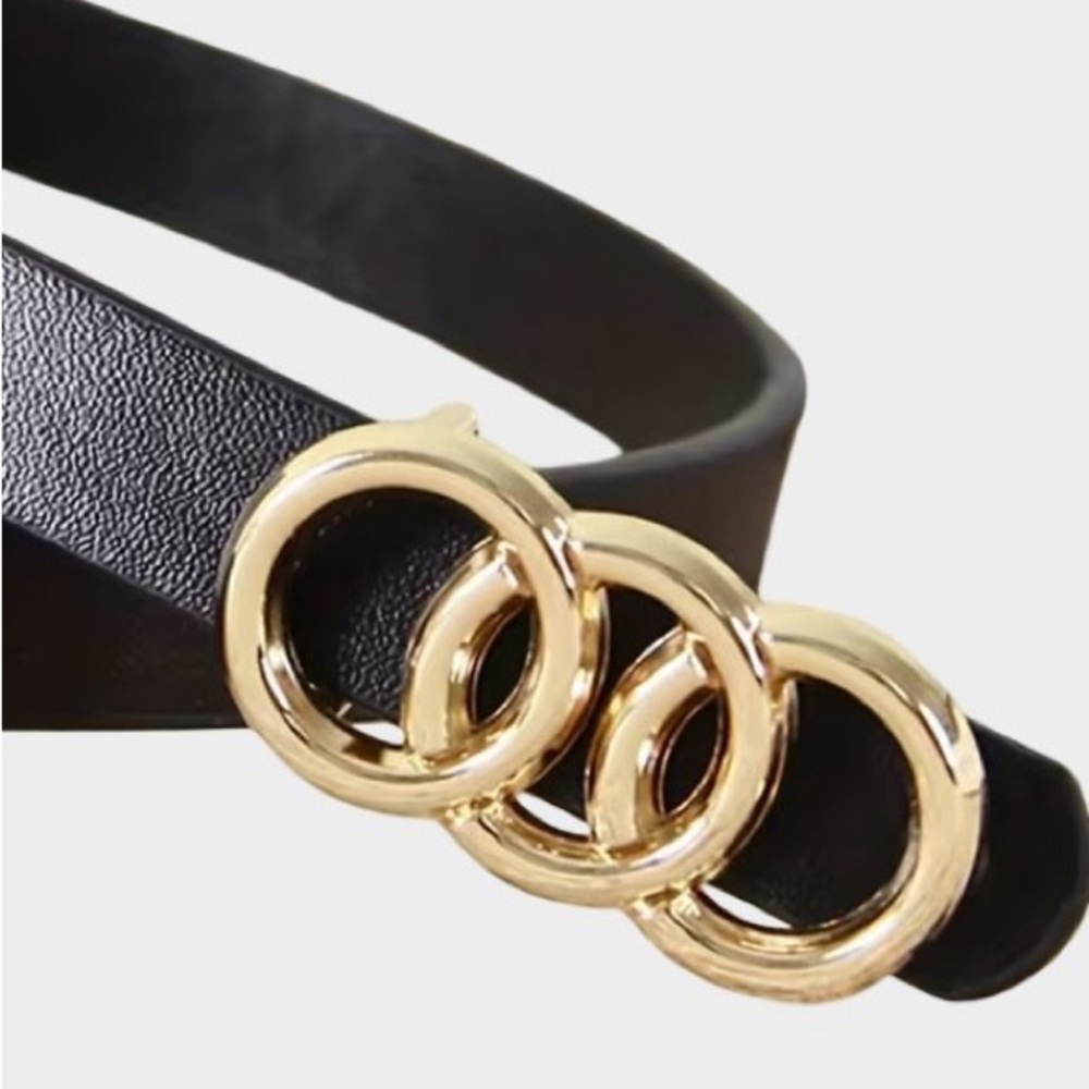 Gold Ring Black Vegan Leather Belt (U414) - Picture 2 of 4